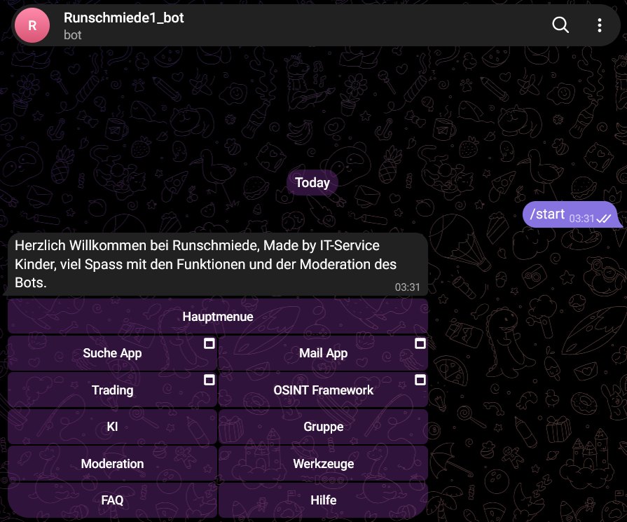 The Runschmiede bot in Telegram: welcome message and main menu with buttons for search, mail, AI, moderation, tools and help.